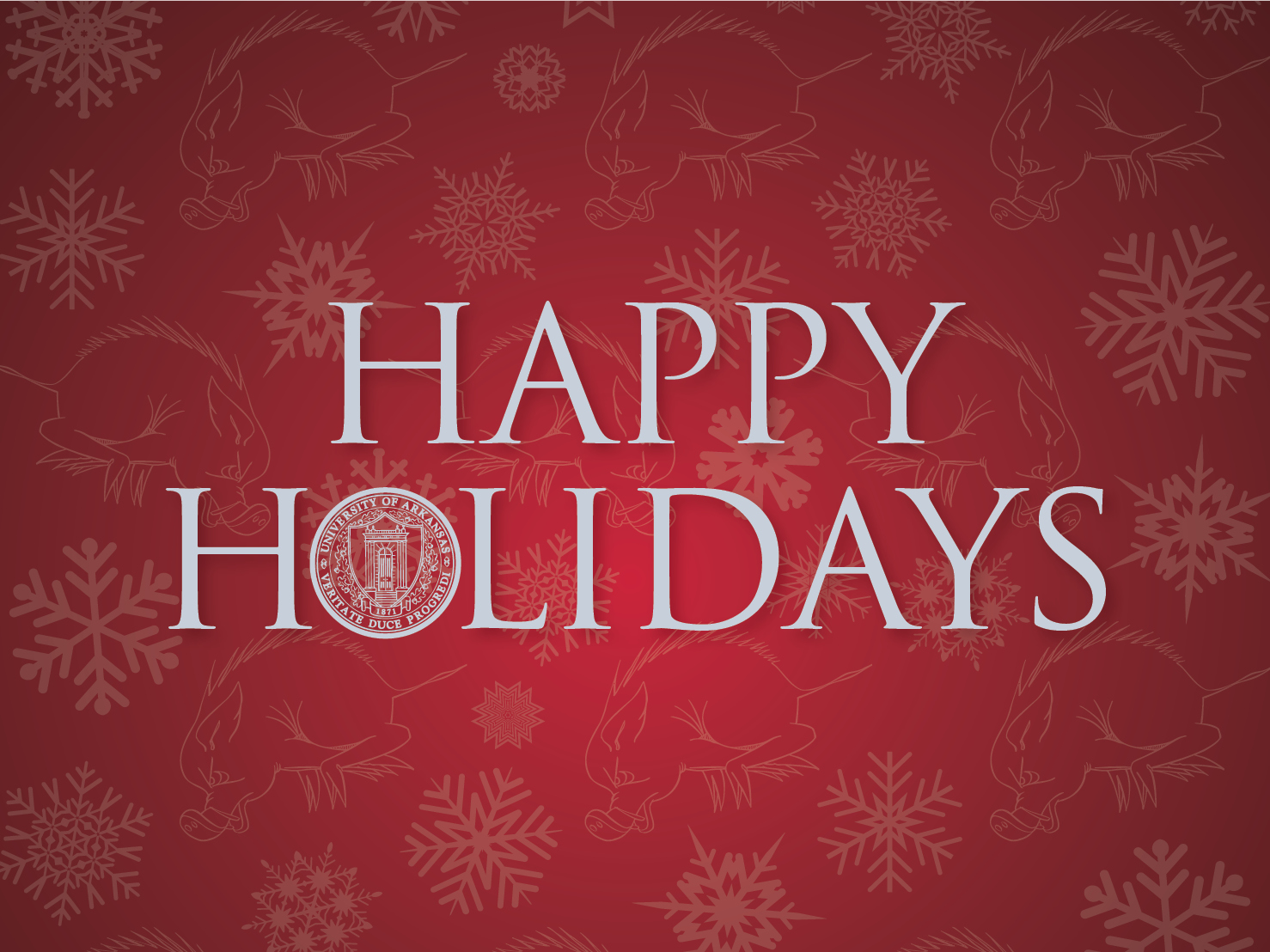 Happy Holidays on a red background with snowflakes and razorbacks.
